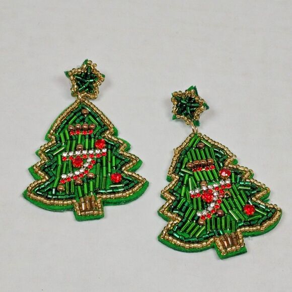 Handmade Beaded Xmas Holiday Seasonal Christmas Tree Post Earrings Multicolor - Picture 2 of 14